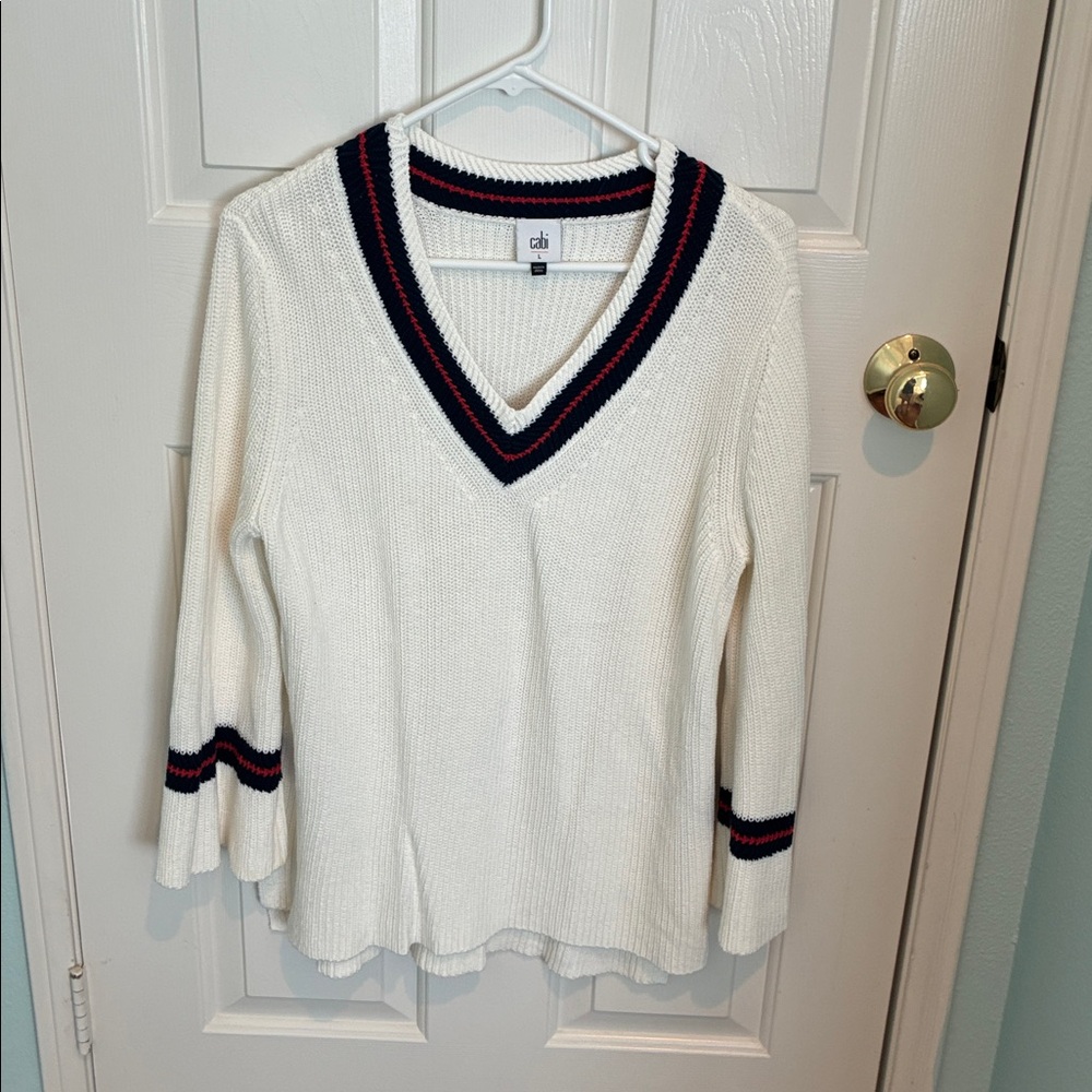 CAbi White V-Neck Sweater with Black and Red Stripes